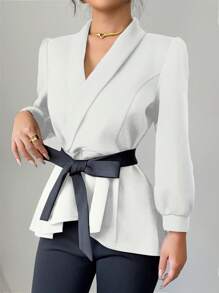 INAWLY Conjunto de 2 piezas con camisa de manga de linterna elegante para oficina y viajes, y pantalones de campana
