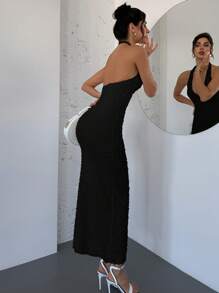 Firerie Nuevo vestido largo elegante y romántico de Día de San Valentín ajustado con cuello en V y costillas, color albaricoque, ajuste para verano - Negro - Ver 2