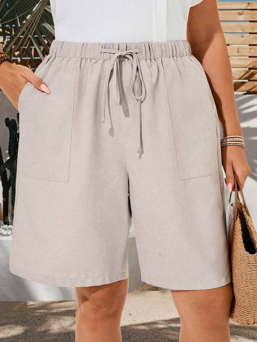 EMERY ROSE Plus Size Women's Summer Solid Color Bermuda Shorts With Side Pockets, Loose Knee-Length Mid Waist Basic Style,Spring/Vacation - Apricot - View 1