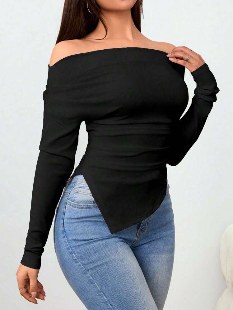 VaVaBold Off-Shoulder T-Shirt With Gathered Shoulders And Asymmetrical Hem Fall Cloth For Women