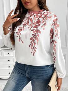 Flirla Blusa de manga farol con estampado de plantas para mujer de talla grande para vacaciones - Rojo - Ver 5
