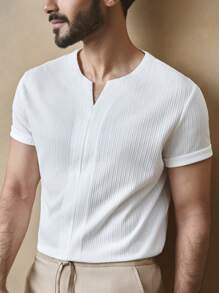 GENTILAND Men's Casual Knitted Jacquard Ribbed V-Neck Slim Fit Solid Short Sleeve T-Shirt - White - View 3