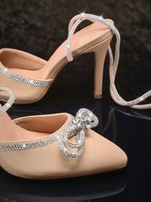 SHUZIA 最热销的女士细高跟水钻蝴蝶结尖头水晶蕾丝环绕式小块灰褐色高跟鞋 - 华丽的 2025 年春季婚礼/派对晚装鞋 - 米色 - 查看 2