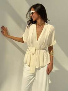 TrendSteals 女士休闲纯色蝙蝠袖衬衫，夏季沙滩度假必备，波西米亚热带风情 - 白色 - 查看 5