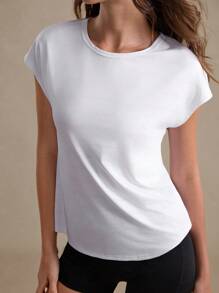 Damen Einfarbiges Twist-Rücken Design Lässig Fitness Workout T-Shirt