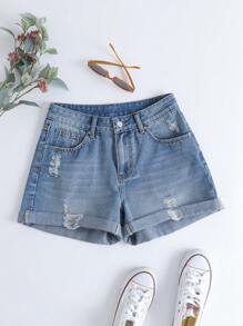 Breezaya Women's Casual Washed Distressed Cuffed Denim Shorts - Blue - View 1