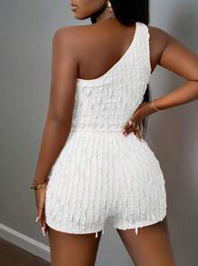 Slaydiva New Casual Vacation 2 Pieces Set: Asymmetric Fitted Sleeveless Top & Shorts, Spring/Summer - White - View 2