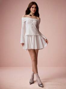 Enchnt Robe élégante femme à manches longues, épaules dénudées, plissée, couleur unie, ourlet - Blanc - Voir 3