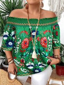 SHEIN Clasi Áo cánh thường ngày in họa tiết lưng thun trễ vai cỡ lớn - màu xanh lá - Xem 1