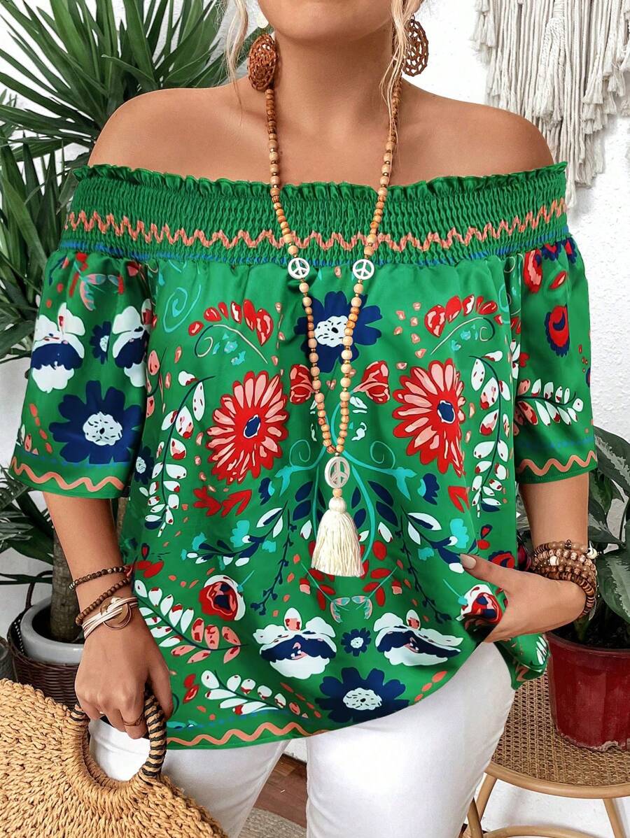 SHEIN Clasi Áo cánh thường ngày in họa tiết lưng thun trễ vai cỡ lớn - màu xanh lá - Xem 1