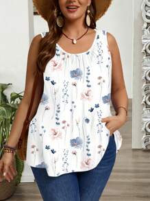 SHEIN CURVE+ Plus Size Minimalist Casual Sleeveless Loose Tank Top, Suitable For Vacationsummer/Country/Beach Vacation Outfits/Beach Outfits/Beach Wear Suitable For Going Out - Multicolor - View 4