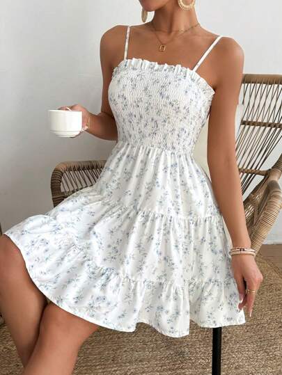 SHEIN Tall Ditsy Floral Printed Ruffle Hem Cami Dress With Smocking Details Vacation Beach Outfits Women