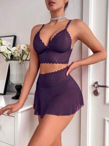 SHEIN 2pcs/Set Women Lace & Mesh Wireless Lingerie Dress Set For Going Out - Purple - View 5