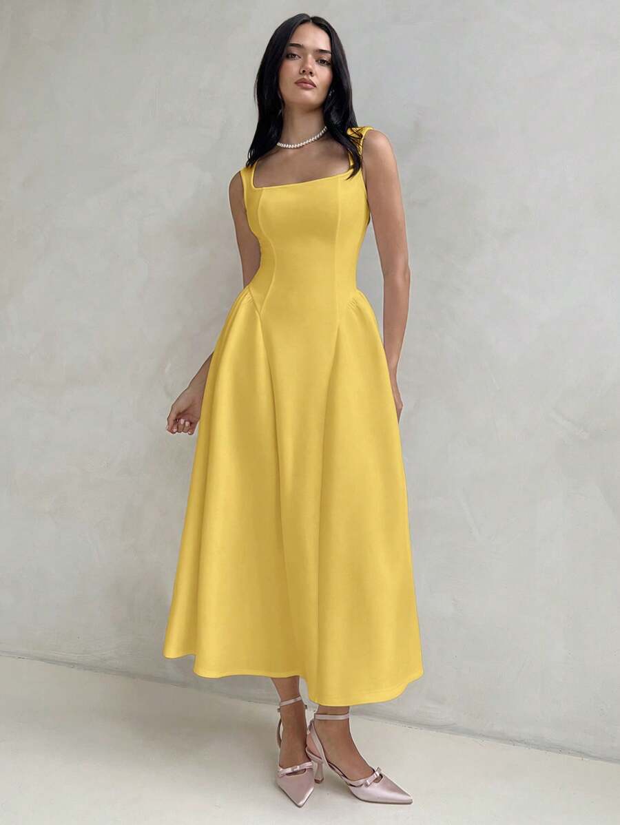 Aloruh 女式长款 A 字形泡泡袖方领性感优雅腰部褶饰花朵连衣裙 - 黃色 - 查看 1