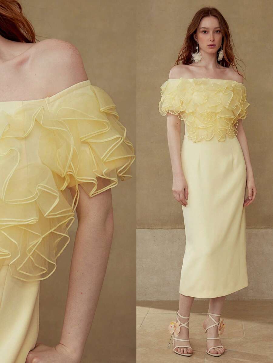 MOTF PREMIUM 3D 花卉露肩中长连衣裙