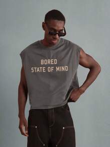 SUMWON Boxy Fit Raw Edge Statement Tank Top Sleeveless Cotton Jersey Workout Gym Athletic Casual Street Style Urban Fashion Muscle Tank - Grey - View 1