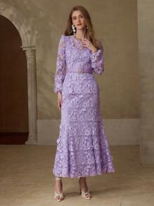 MOTF PREMIUM ROMANTIC LACE LANTERN SLEEVE MERMAID HEM DRESS - Purple - View 7