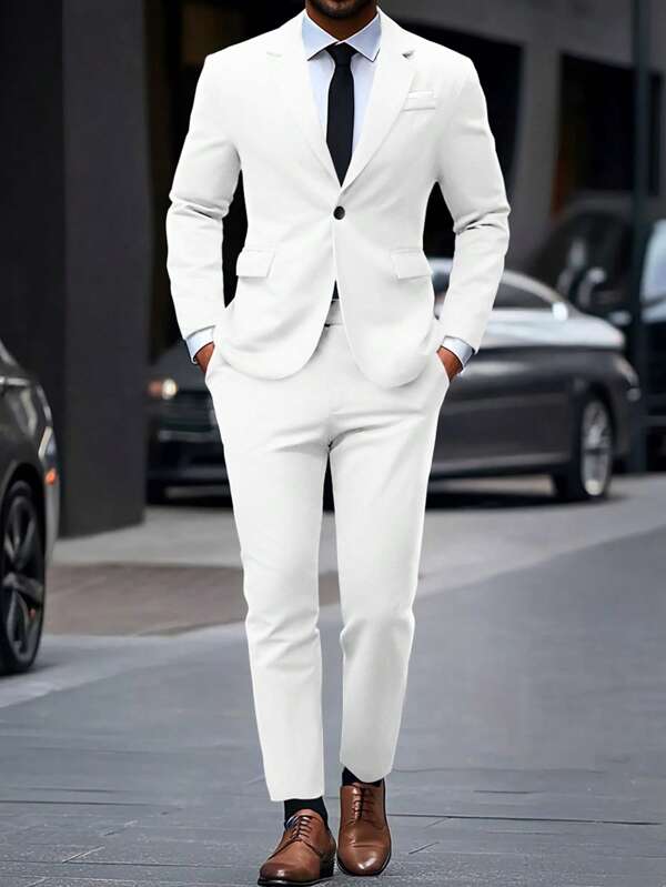 Manfinity Mode Men's Minimalist Solid Color Suit Jacket And Trousers Set White Men Suit