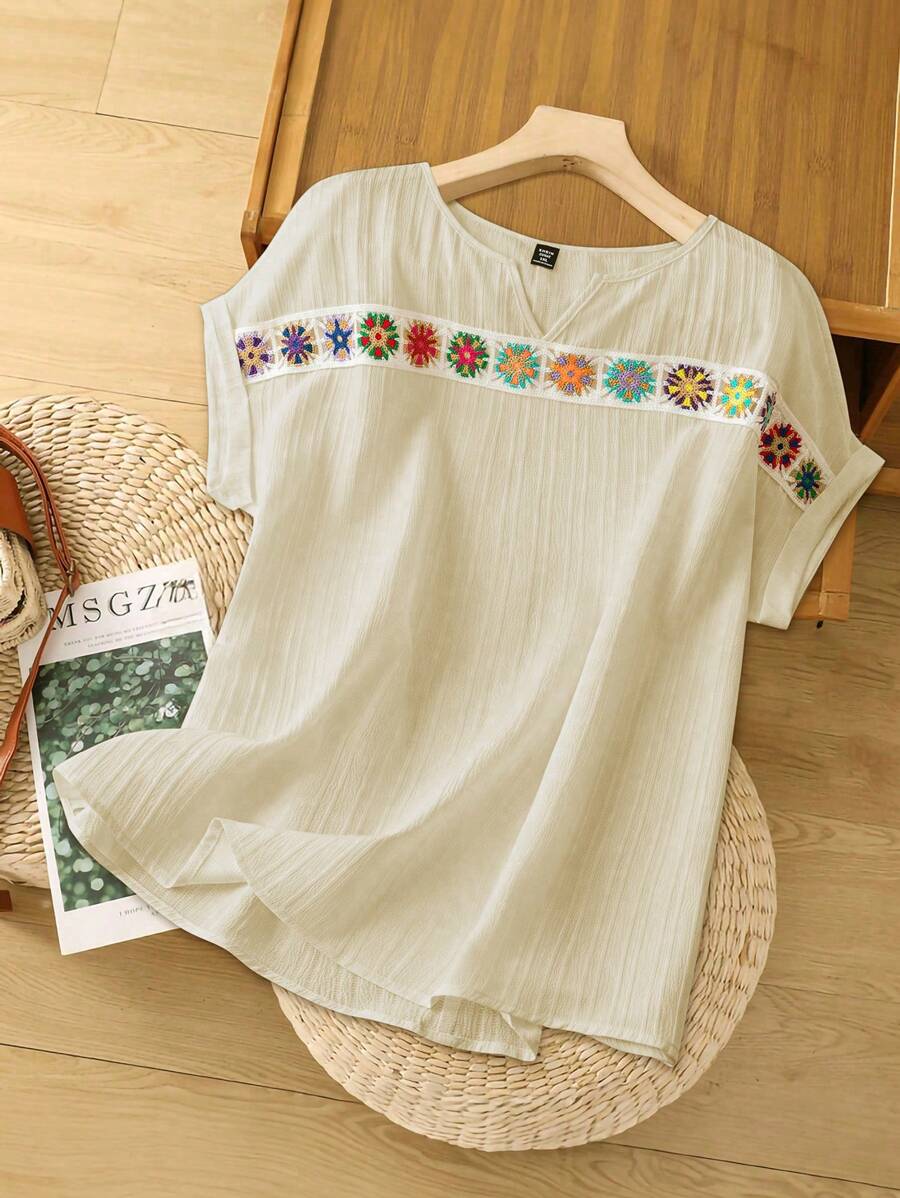 Linhara Áo cánh dệt vải dệt kim nhiều màu sắc cho nữ cỡ lớn cổ chữ V tay áo Dolman rộng rãi dáng suông thường ngày đi nghỉ đa năng hàng ngày - Nhiều màu - Xem 1