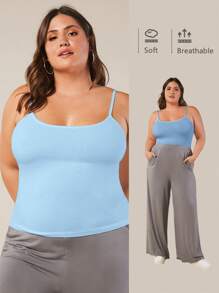 SHEIN BASICS 大码女式夏季休闲百搭纯色吊带背心 - 藍色 - 查看 8