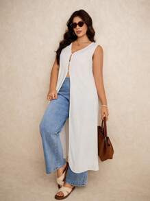 Elaquor 大码女式休闲无袖开衩长款衬衫，夏季