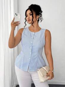 Elenzga Áo vest không tay thanh lịch & tinh tế dành cho nữ, áo sơ mi kẻ sọc xanh ôm vừa vặn cỡ lớn, mùa hè - Màu xanh lam - Xem 1