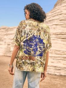 Easelle Summer Women's Vintage Western Style, Cowgirl Camouflage Branch & Leaf Splatter Print Knitted Women's Casual Loose T-Shirt - Multicolor - View 8