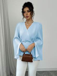 Elenzga Women Solid Color V-Neck Cross Wrap Tie Front Flare Sleeve Split Hem Elegant Blouse, Autumn Peplum Top