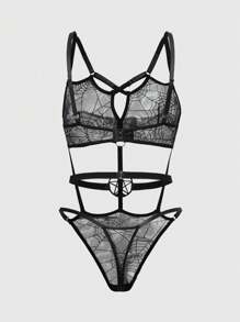 ROMWE Gothic Spider Web Flocked Fabric Triangle Cup Sexy Bodysuits - Black - View 2