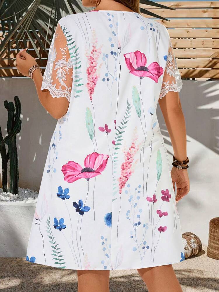 Plus Size Women Summer Vacation Square Collar Short Sleeve Lace Patchwork Floral Print Dress,Simple And Fashionable For Everyday Wear