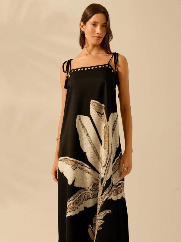 CAJUNI Vestido Casual de Verão Boêmio e Vintage com Impressão de Árvore de Coco Tropical para Mulheres, Preto sem Mangas com Franjas
