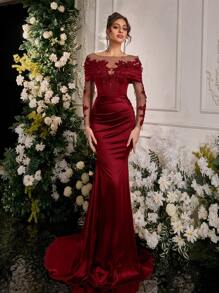 Glamrae Elegante y lujoso vestido de satén elástico de manga larga con aplicaciones de encaje bordado, diseño de cola de sirena, adecuado para bodas, fiestas, vacaciones, bailes de graduación y ocasiones formales (diseño de lujo), vestido de invitada de boda, vestido de noche, vestido de gala