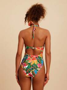 Travachic Women's Sexy Tropical Plant Print Halter One-Piece Swimsuit, Great For Vacation - Blue - View 2