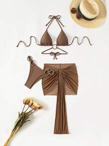 Swim SXY 3pcs/Set Solid Color Metal Ring Double Strap Hollow Design Side Panel With Rings Matched With High-Waisted Ruffle Skirt & Ribbon Embellished Bikini Set, Beach Vacation Style For Summer - Coffee Brown - View 6