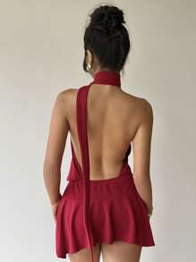 Aloruh Robe mini dos nu rose rouge avec col ras-du-cou pour femmes - Framboise - Voir 3