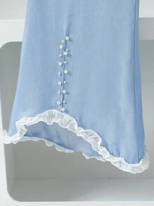 Tween Girl 2pcs/Set Fashionable Flared Pants With Lace And Pearl Decor, Light Blue - White - View 6