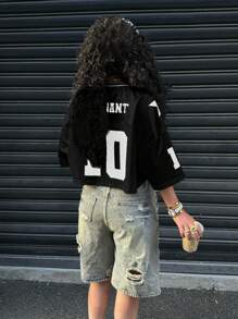 Muchica 1pc Black Satin & Mesh Panels Graphic Print T-Shirt, Minimalist & Fashionable, Suitable For Summer,Rave Top