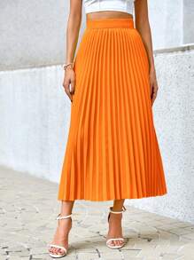 SHEIN Privé Falda elegante plisada de cintura elástica de unicolor para el trabajo diario de las mujeres