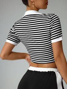 SHEIN Sports 夏季休闲条纹短袖短款运动 Polo T 恤 - 黑與白 - 查看 2