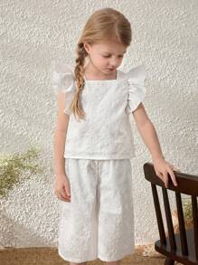 Blossori Young Girls' Elegant French Style White Embroidered Woven Blouse With Ruffle Sleeves & Matching Pants Suit, Spring/Summer