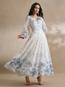 Anewsta 女士 V 领优雅花卉印花长袖连衣裙，春季服装 - 藍色 - 查看 6