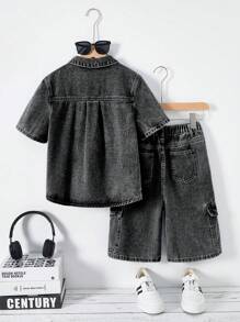 SHEIN Explorewe Bộ đồ denim bạc màu phong cách đường phố retro dành cho bé trai (2 món), thoải mái và đa năng, hàng mới năm 2025, phù hợp mặc hàng ngày. - màu đen - Xem 2
