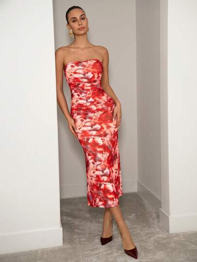 SHEIN Clasi 抽象红色印花紧身长背心裙