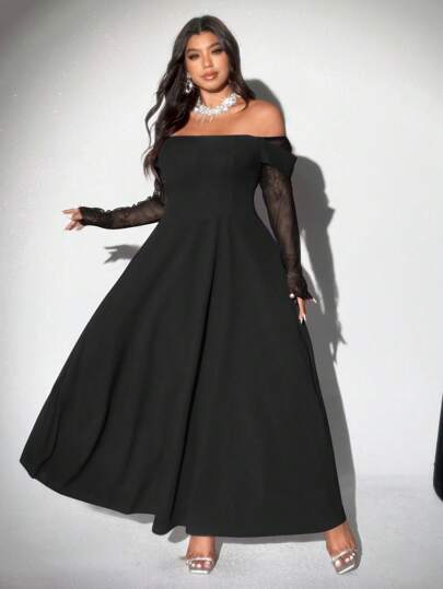 Grovea Plus Size Elegant Solid Color Off Shoulder Lace Patchwork Dress Fall Cloth For Women