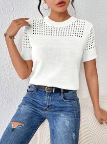 EMERY ROSE Women's Round-Neck Solid Color Short-Sleeved Knitted Top For Summer For New Year Clothes - White - View 6