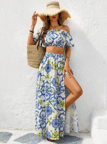 Vivid Eden Women's Summer Vacation Lemon & Blue Floral Print Off-Shoulder Top And Long Skirt 2pcs Set, Vacation Outfit,Summer Outfits For Women,Vacation Two Pieces Set,Beach Outfits For Woman