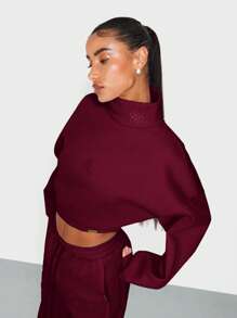 SUMWON WOMEN Athletic Cropped High Neck Sweatshirt Long Sleeve Workout Sport Loungewear Sweater Fall Winter Training Running Activewear Gym Essential - Burgundy - View 1