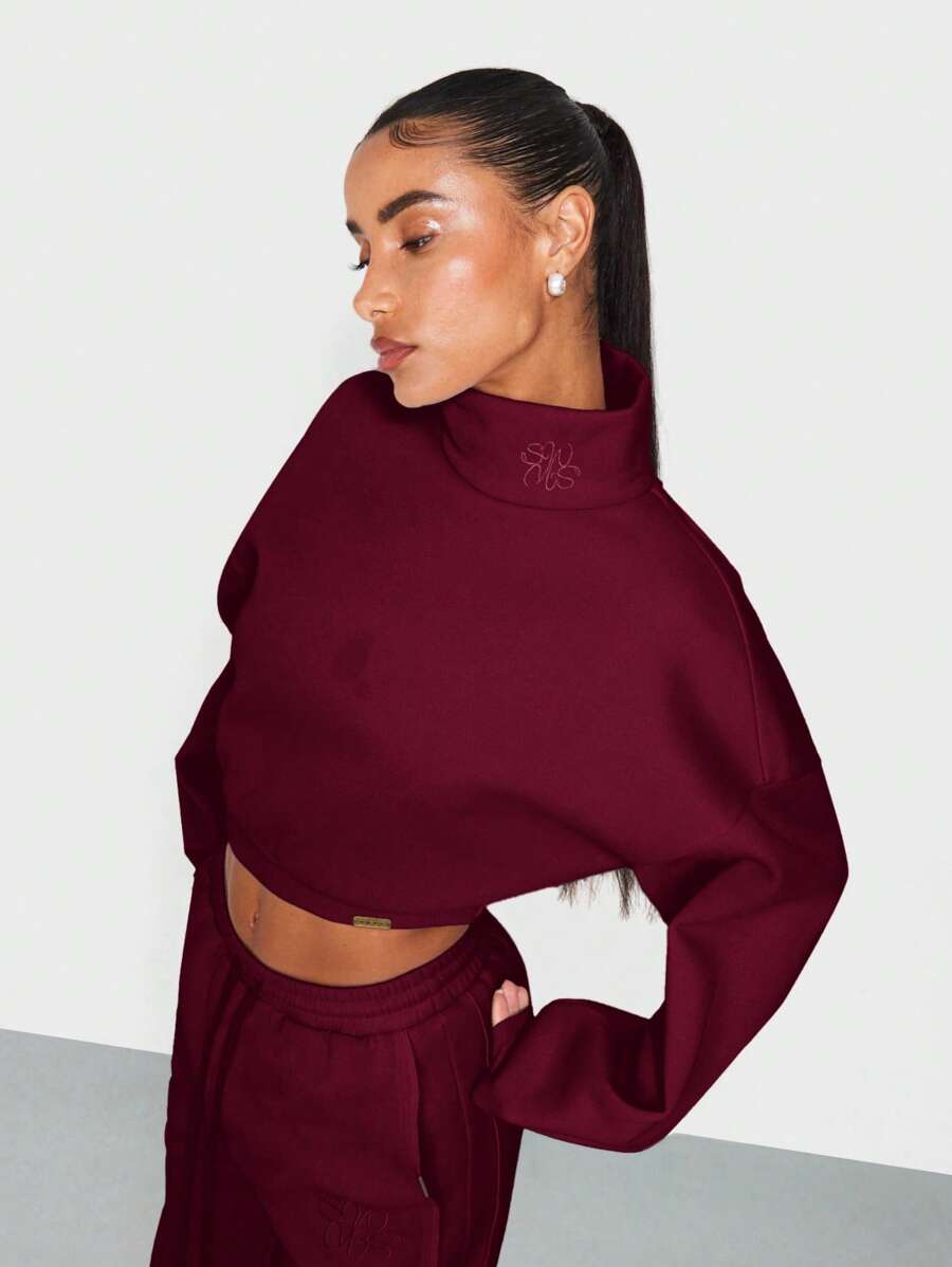 SUMWON WOMEN Athletic Cropped High Neck Sweatshirt Long Sleeve Workout Sport Loungewear Sweater Fall Winter Training Running Activewear Gym Essential - Burgundy - View 1