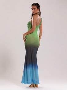 SHEIN BAE 女士性感海星金属装饰假日沙滩装夏装镂空音乐节装领绿色渐变印花夏季长裙 - 藍色 - 查看 3