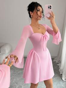 Elenzga 新款女士网眼拼布侧褶设计 A 字裙，带蝴蝶结领，时尚、百搭、年轻而优雅 - 粉色 - 查看 5